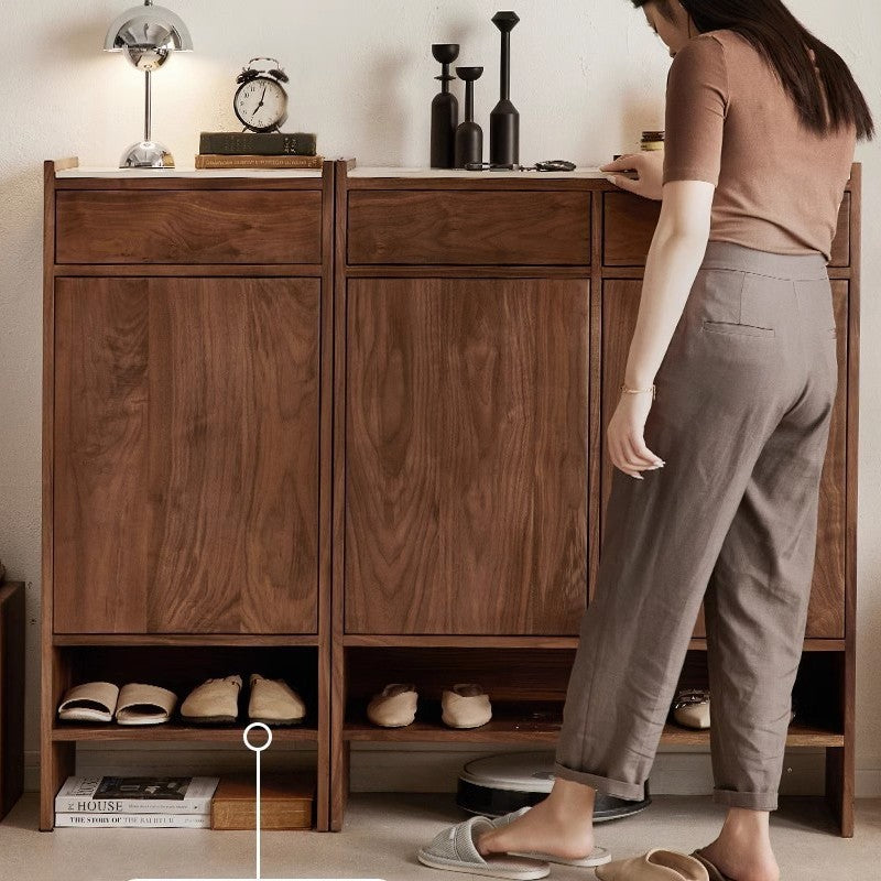 Minimalist Solid Wood Entryway Shoe Cabinet – Walnut Finish