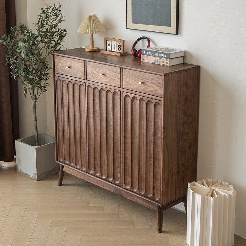 Retro Carved Solid Wood Shoe Cabinet – Walnut Finish